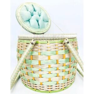 50s Mint Green Nesting Wicker Sewing/Picnic Basket(s) Bag